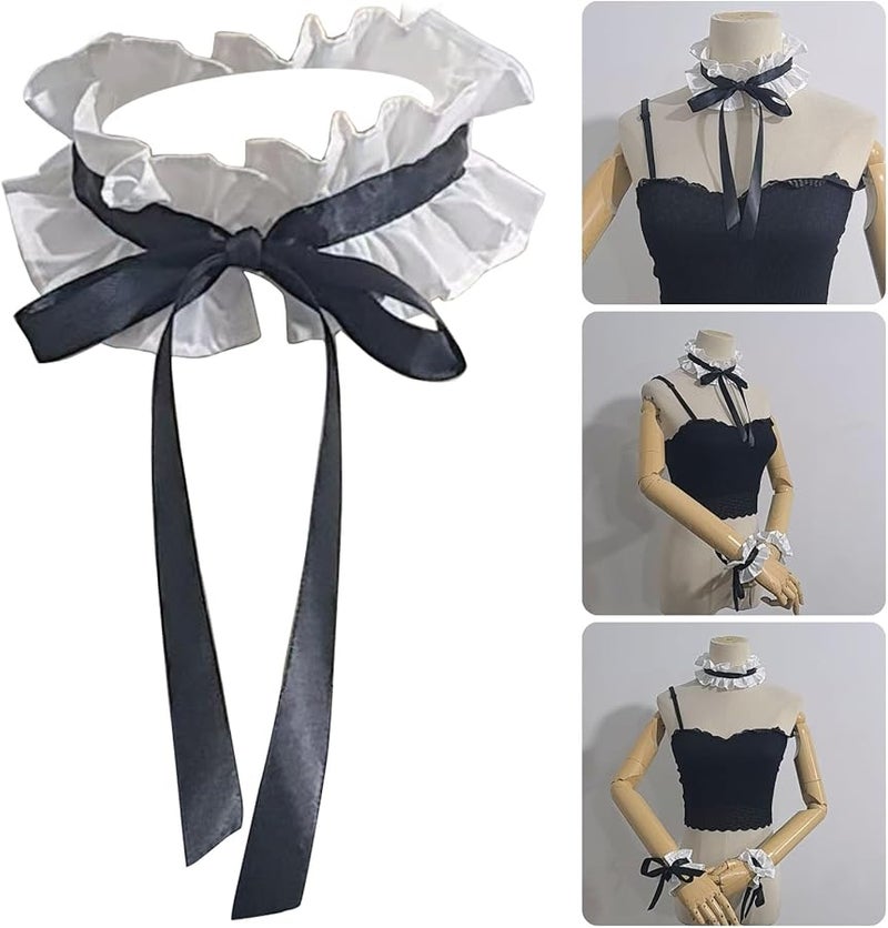 Black Anime Maid Ruffled Collar Wrist Cuffs Sleeves Vintage Modern Party Styling Photography Props Adjustable - Image 2